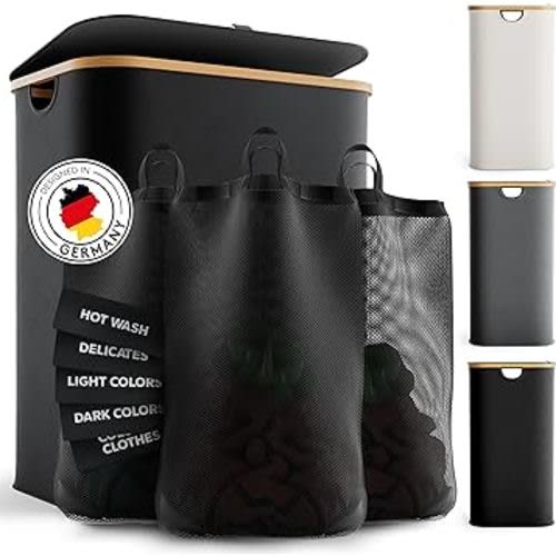 EDELFELD Laundry Hamper with Lid, 150L Capacity, Collapsible, Bamboo Frames, 3 Sections, Removable Washing Bags, Foldable, Water Repellent, Keeps Odors Away