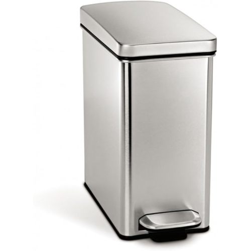 simplehuman 10 Liter / 2.6 Gallon Stainless Steel Bathroom Slim Profile Trash Can, Brushed Stainless Steel