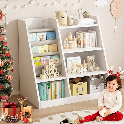 Kids Bookshelf and Toy Storage Organizer Nursery Bookcase with Cube Storage,4 Tier Wooden Bookshelf with Bookcase Display Stand in Kids Room Playroom Kindergarten for Children Toddler,Ivory