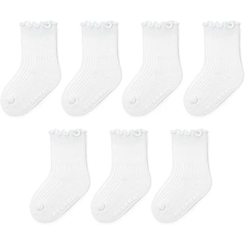 7 Pairs Baby Girls Ruffle Grip Socks Non-Slip - Cute Cotton Ankle Socks for 0 Months - 7 Years Old Walking
