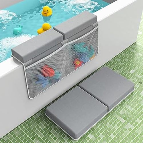 Baby Bath Kneeler and Elbow Rest Pad Set, 8 Strong Suction Cups Bath Kneeler, Widened Pockets Baby Bathing Mat Babyes Bathses Kneelering, Machine Wash Kneeling Pad for Bathing Babyes