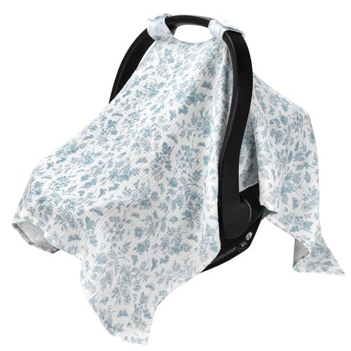 SERAPHY 100% Muslin Cotton Car Seat Covers for Babies - Universal, Breathable Canopies for Boys and Girls - Soft Summer Car Seat Cover - Blue Flowers