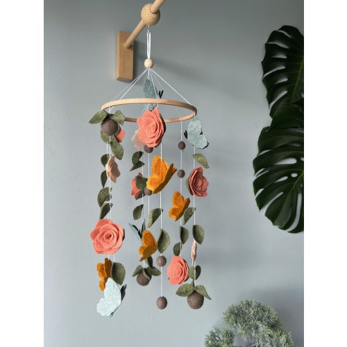 Flowers baby mobile, Butterfly crib mobile, green floral baby mobile, hanging felt mobile, cot mobile for baby girl, flowers nursery decor