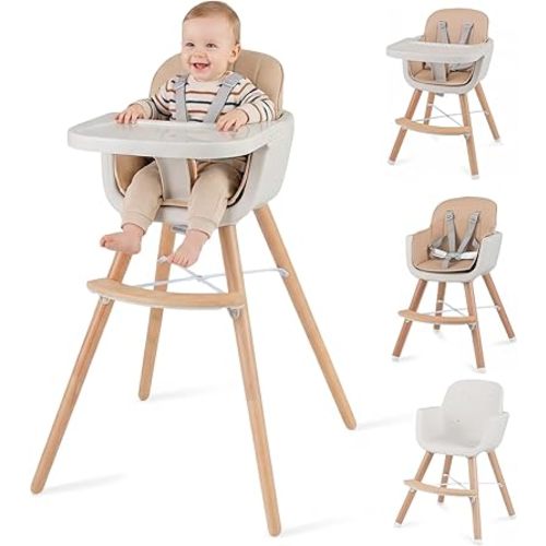 HONEY JOY Baby High Chair, 6-in-1 Eat & Grow Wooden Highchair/Toddler Chair with Removable Tray, 5-Point Harness, PU Cushion and Footrest, Convertible High Chair for Babies and Toddlers(Dark Beige)