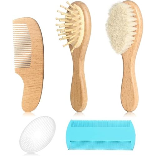 Baby Hair Care Kit, 5 in 1 Wooden Natural Goat Bristles Brush Cradle Cap Comb Baby Grooming Kit for Newborns Toddlers Boys Girls Gift