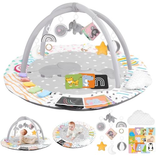 Baby Play Gym & Activity Mat, Tummy Time Mat with Tummy Time Pillow 7 Detachable Sensory Toys and Educational Cards for Motor Skills & Sensory Development, Baby Essentials Shower Gift, Grey Elephant