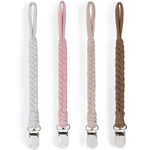 Pacifier Clip Holder for Boy and Girl Universal Handmade Braided Rope Paci Clip Easy to Use 4 Pack (White)