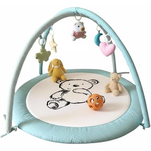 LULLABY COTTON Baby Play Gym Mat & Activity Mat - 100% Cotton Soft Playmat with 6 Detachable Toys for Tummy Time, Machine Washable, Sensory Development Gift (Blue Bear)