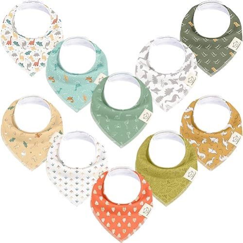10-Pack Organic Baby Bandana Bibs- Super Absorbent Triangle Baby Bibs for Drooling and Teething Infant, 100% Cotton Extra Soft for Newborn, Infant 0-36 Months (Mesozoic)