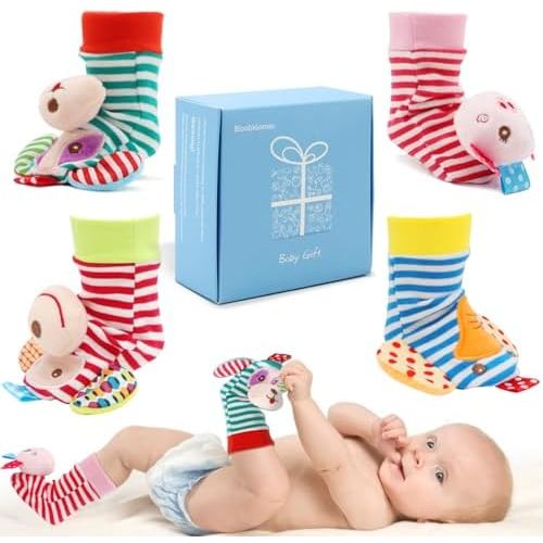 BLOOBLOOMAX Sock rattles for Babies 0-24 Months Baby Animal Foot Finder Educational Toys