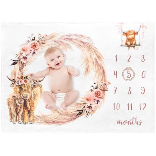 Baby Monthly Milestone Blanket Highland Cows Blanket for Girls Growth Chart Newborn Swaddle Blankets Newborn Party Favors Photography Backdrop Props Soft Plush Nursery Décor50 x40