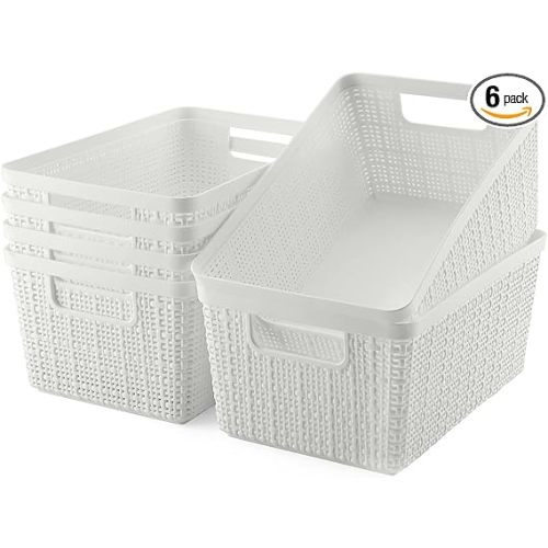Set of 6 Plastic Storage Bins Pantry Organization and Storage Containers Storage Baskets Shelf Organizer Bins for Shelves Drawers Desktop Closet Playroom Classroom Office, White