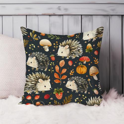 Hedgehog Animals Throw Pillow Soft Cushion Cover Pattern Cute Animals Cottage Square Decorative Pillowcase Gift, Green, Red