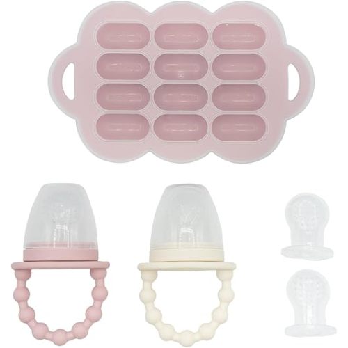 WeeSprout Silicone Baby Food Feeders + Freezer Tray for Batch Prep, Set of 2, Introduce New Foods Safely, Double as Teething Toys, Includes 2 Extra Pouches & Travel Lids, Dishwasher Safe