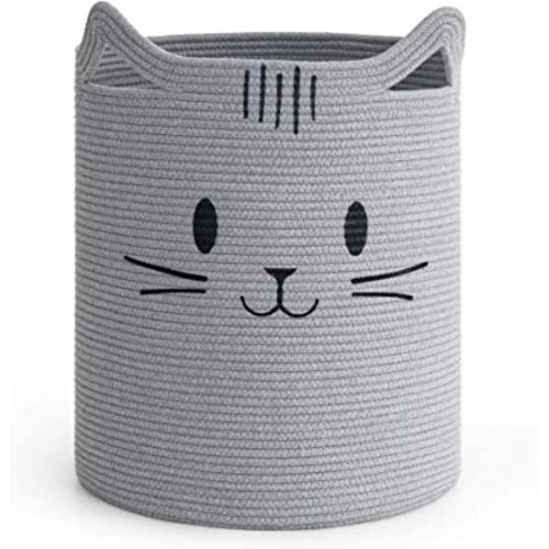 INDRESSME Laundry Basket, Cute Cat Basket with Handles, Tall Woven Basket, Baby Hamper for Nursery, Blanket Basket for Living Room, Storage Basket for Toys, Dirty Clothes, 16"L x 20"H, Grey
