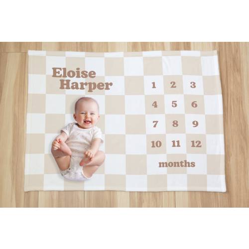 Personalized Baby Milestone Minky Blanket, Trendy Baby Shower Gift, Checked Baby Blanket, Gender Neutral Baby Gift, Boho Milestone Props