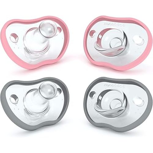 Nanobebe Baby Pacifiers 0-3 Month - Orthodontic, Curves Comfortably with Face Contour, Award Winning for Breastfeeding Babies, 100% Silicone - BPA Free. Baby Registry Gift 4pk,Pink/Grey