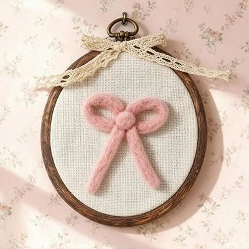 Soulchen Felted Pink Bow Nursery Wall Decor 5 x 6 Inch Cute Coquette Bow Pink Christmas Decor Wall Art Decorative Artwork for Nursery Bathroom Living Room Baby Room Bedroom Farmhouse Decoration