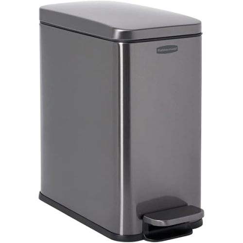 Rubbermaid Stainless Steel Slim Step-On Trash Can, 2.6-Gallon, Charcoal, Wastebasket with Lid for Home/Bathroom/Kitchen