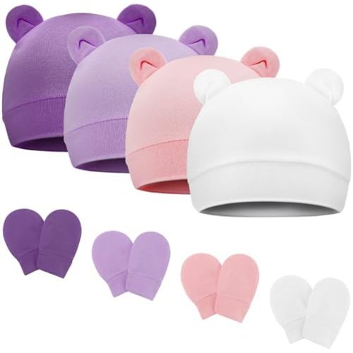 4 Pcs Newborn Baby Bear Ear Hats and Mittens Set Infant Beanie Caps Newborn Hospital Hat for Baby Boy Girl 0-3 Months