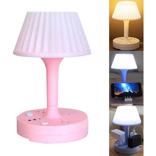Socket Table Lamp Power Strip US Standard ,AC Outlets+USB Ports Charging Station ,Multiple Function Dimmable Reading Small Desk Lamp, Eye Care LED Bedside Nightstand Light for Home Office Living Room