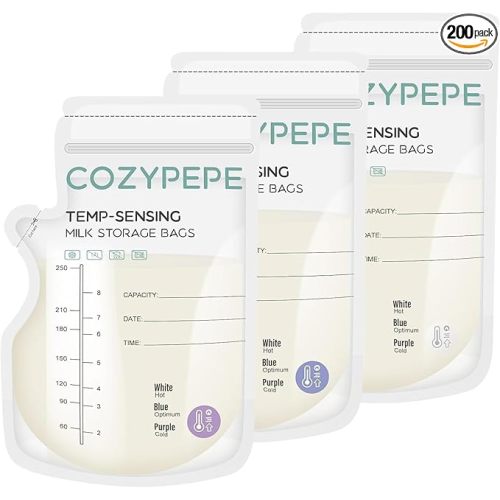 200 Pcs Breastmilk Storage Bags, 8oz Breast Milk Storing Bag with Pour Spout, Temperature-Sensing Color Change Milk Bag for Convenient Breastfeeding, No Leak Presterilized for Freezer
