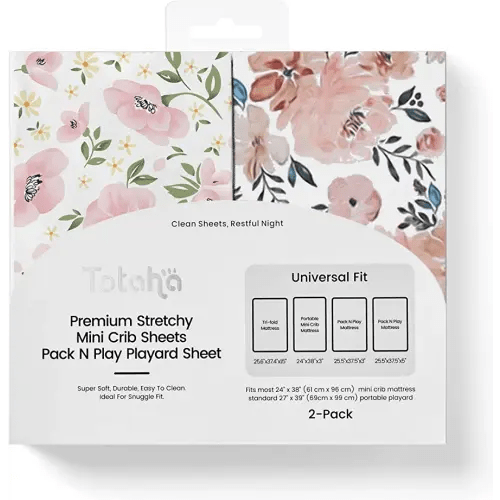 Graco Pack and Play Sheets Fitted, TotAha Buttery Soft Mini Crib Sheets Girl, Floral Pack N Play Mattress Sheets Hypoallergenic, Premium Jersey Playrad Sheets, Meredith Allover & Pale Pink, 2 Pack