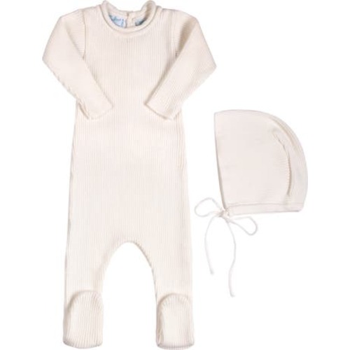 Rolled Collar Rib Knit Footie & Bonnet Set, 0-3M
