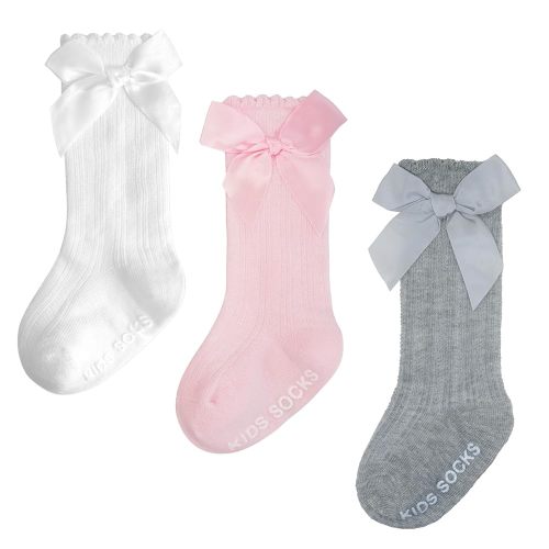 Baby Knee High Socks Girl Non Slip Toddler Stockings Cotton Bow Ruffle Newborn Long Socks Infant Dress Sock 0-6M/6-12M/1-3Y