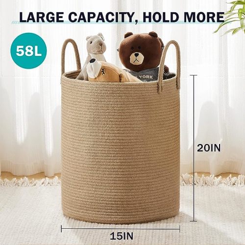 Jute Rope Woven Laundry Hamper Basket by YOUDENOVA, 58L Tall Laundry Basket, Baby Nursery Hamper for Blanket Storage, Clothes Hamper for Laundry in Bedroom-Large-Jute - Tall (58L ) (15"x15"x20") - Jute Brown