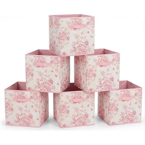 6 Pcs Pink Bow Cube Storage Bins 12.5 Inch Pink Storage Basket with Handle, Preppy Girls Organizer Basket, Collapsible Fabric Box for Classroom Bedrooms Office Home Decoration (Bow)