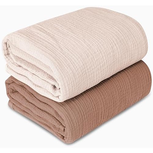 Muslin Swaddle Blankets for Newborn, 2 Pack Breathable Soft Receiving Blanket, Large 41 x 41 inches Swaddle Wrap Burping Clothes, Essentials Infant Shower Items. (Beige + Coffee)
