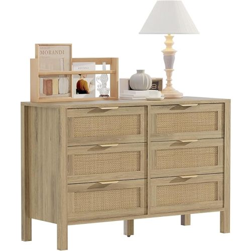 6 Drawer Dressers for Bedroom, Rattan Dresser with Drawers, Modern Wood Dresser with Metal Handles, Chest of Drawers for Bedroom, Living Room, Entryway (6 Drawer)