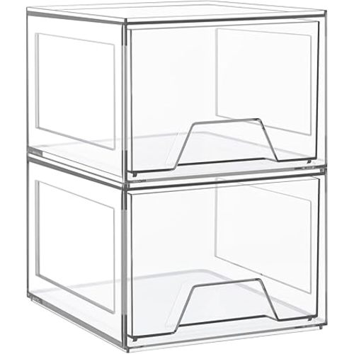 2 Pack Stackable Makeup Organizer, Acrylic Bathroom Organizer and Storage Drawers, Clear Plastic Drawer Storage Bins For Vanity, Undersink, Cabinets, Pantry