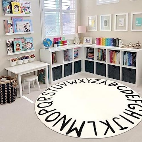 LIVEBOX ABC Play Room Round Kids Rug Circle for Playroom, Learning Nursery Rug Alphabet Washable Rug for Baby Boy and Girl Bedroom, Non-Slip Educationa Carpet for Toddlers (59",Black,Beige)
