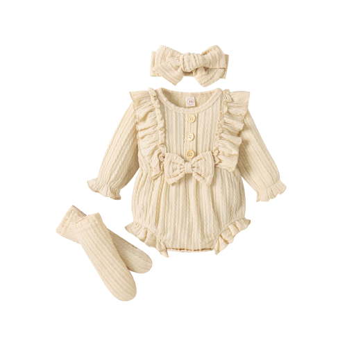 Qtinghua 3Pcs Newborn Baby Girls Fall Winter Clothes Long Sleeve Button Front Ruffle Romper+Socks+Headband Set Beige 3-6 Months