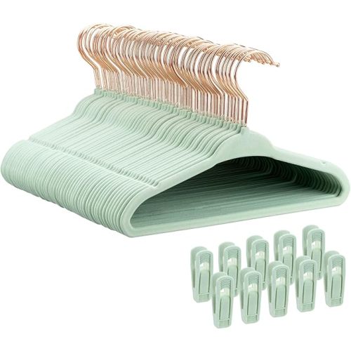 Tonswachic Baby Hangers 11 Inch, 50 Pack Velvet Baby Clothes Hangers Non-Slip Ultra-Slim Children Hangers with 10 Clips for Infant Toddler Newborn, Space-Saving Closet Organization - Green