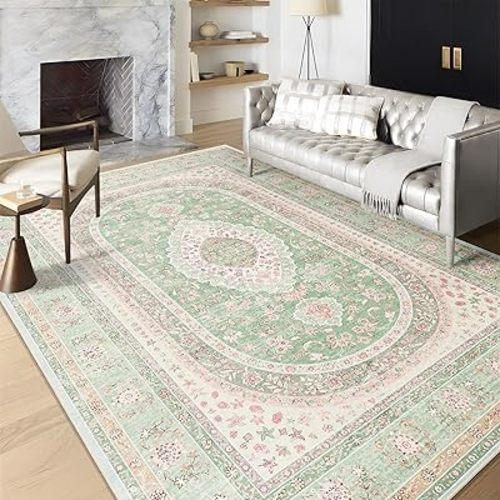 6x9 Area Rugs Washable,Green Rug for Living Room Bedroom Kitchen,Large Boho Vintage Bohemian Distressed Oriental Carpet Non Slip,Sage Blush Floral