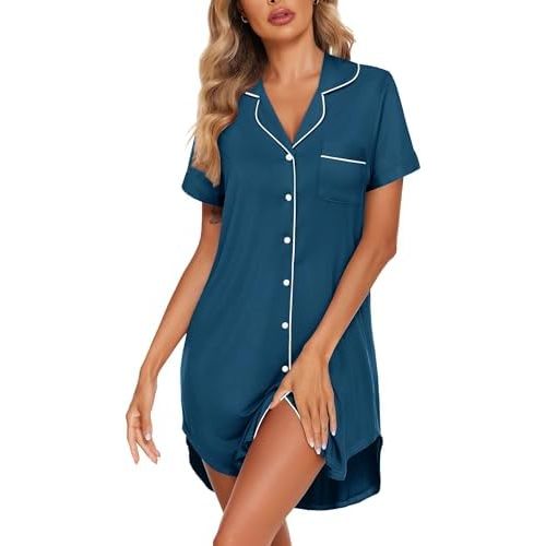 Ekouaer Womens Nightgown Button Down Sleepshirts Short Sleeve Sleepwear Boyfriend Nightshirts Pajama Dress