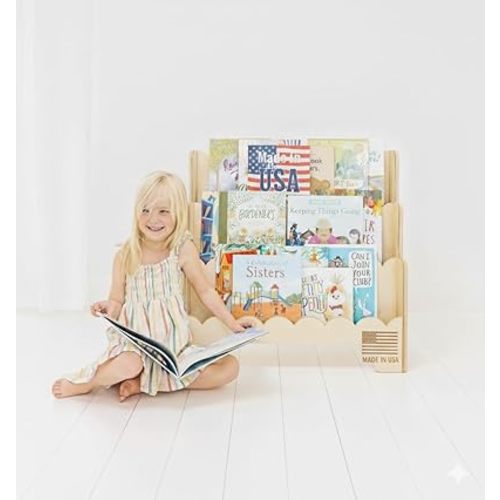 Wooden Kids Bookshelf w/Scalloped Edges- Made in USA- Perfect Height 3-Tier Montessori Shelf- Durable Childrens Bookcase for Kids Room or Playroom- Baby Book Shelf Nursery