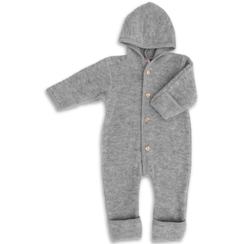 Hooded wool fleece overall (0-3M) in Grey Melange