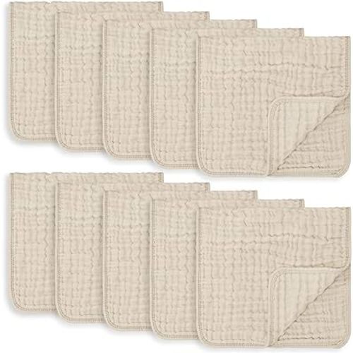 Comfy Cubs Muslin Burp Cloths Large 100% Cotton Hand Washcloths for Babies, Baby Essentials 6 Layers Extra Absorbent and Soft Boys & Girls Baby Rags for Newborn Registry (Sand, 10-Pack, 20" X10")