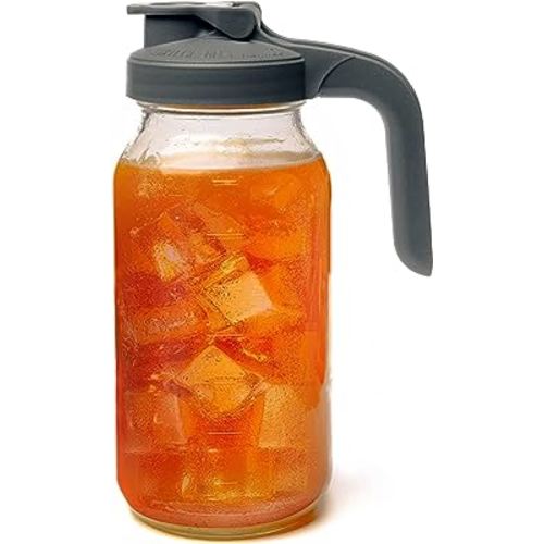 County Line Kitchen Glass Mason Jar Pitcher with Lid - Wide Mouth, 2 Quart (64 oz / 1.9 Liter) - Heavy Duty, Leak Proof - Sun & Iced Tea Dispenser, Cold Brew Coffee, Breast Milk Storage, Water & More