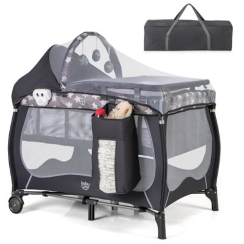Infans 5-in-1 Portable Baby Playard with Bassinet, Adjustable Canopy, Changing Table, Lockable Wheels, Music Box, Travel Baby Crib Bassinet, Gray