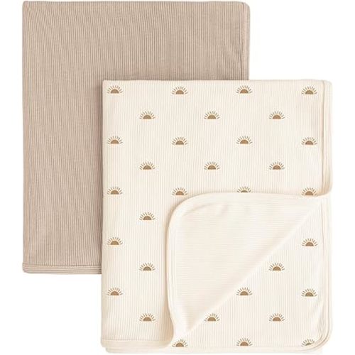 Konssy Knit Baby Blanket 2 Pack, Soft Ribbed Swaddle Receiving Blankets for Boys & Girls, Lightweight Cozy Swaddling Wrap for Newborns, Infants, & Toddlers, 33x42 Inch (Camel,Sun)