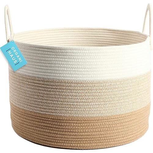 OrganiHaus Extra Large Blanket Basket for Living Room 20x13, Natural Cotton Rope Laundry Basket, Sturdy Hamper for Toy Storage, Cushions & Pillows Storage Bin, Nursery Decor Hamper - Honey