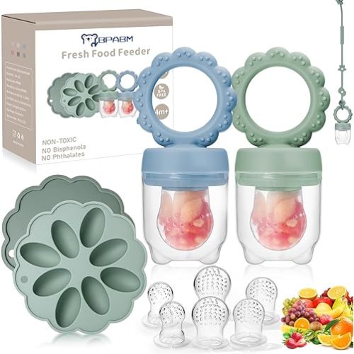 Baby Fruit Food Feeder,2 Pack Silicone Baby Teething Toys,Includes Breastmilk Popsicles Molds,Toy Straps,6 Different Size Food Pacifier,Baby Food Containers for Toddler Teething,Infant Self Feeding