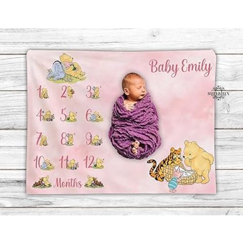 Classic Winnie Monthly Milestone Blanket for Baby Girl, Personalized Pooh Bear Blanket, Pooh Baby Blanket, Pooh Bear Nursery Blanket, Pooh Bear Nursery Theme, Cozy Fleece Soft Blanket for Kids - #5