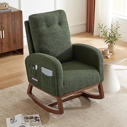 Rocking Chair Nursery, Nursery Rocking Chairs with Side Pocket, Teddy Fabric Glider Rocker Nursing Chair with High Back for Living Room, Bedroom, Green
