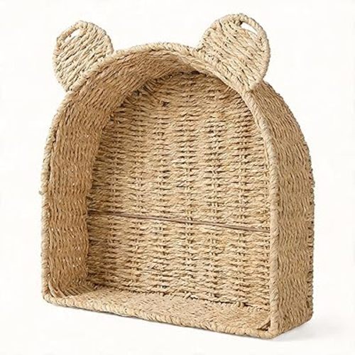 Arched Teddy Bear Nursery Wall Shelf, Paper Rope Basket